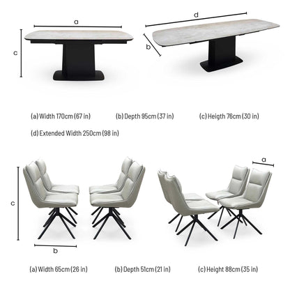 ‘Catalina’ Large Extending Ceramic Top Dining Table with Taupe Faux Leather Set of 4 Swivel Dining Chairs Furniture Village