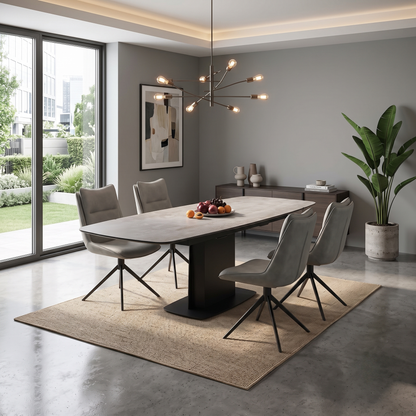‘Catalina’ Large Extending Ceramic Top Dining Table with Taupe Faux Leather Set of 4 Swivel Dining Chairs Furniture Village