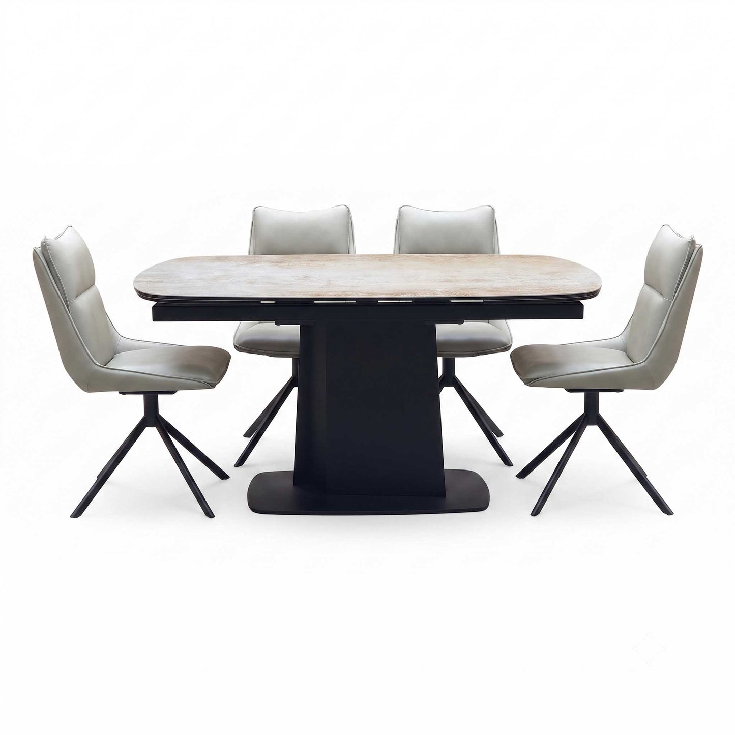 ‘Catalina’ Large Extending Ceramic Top Dining Table with Taupe Faux Leather Set of 4 Swivel Dining Chairs Furniture Village