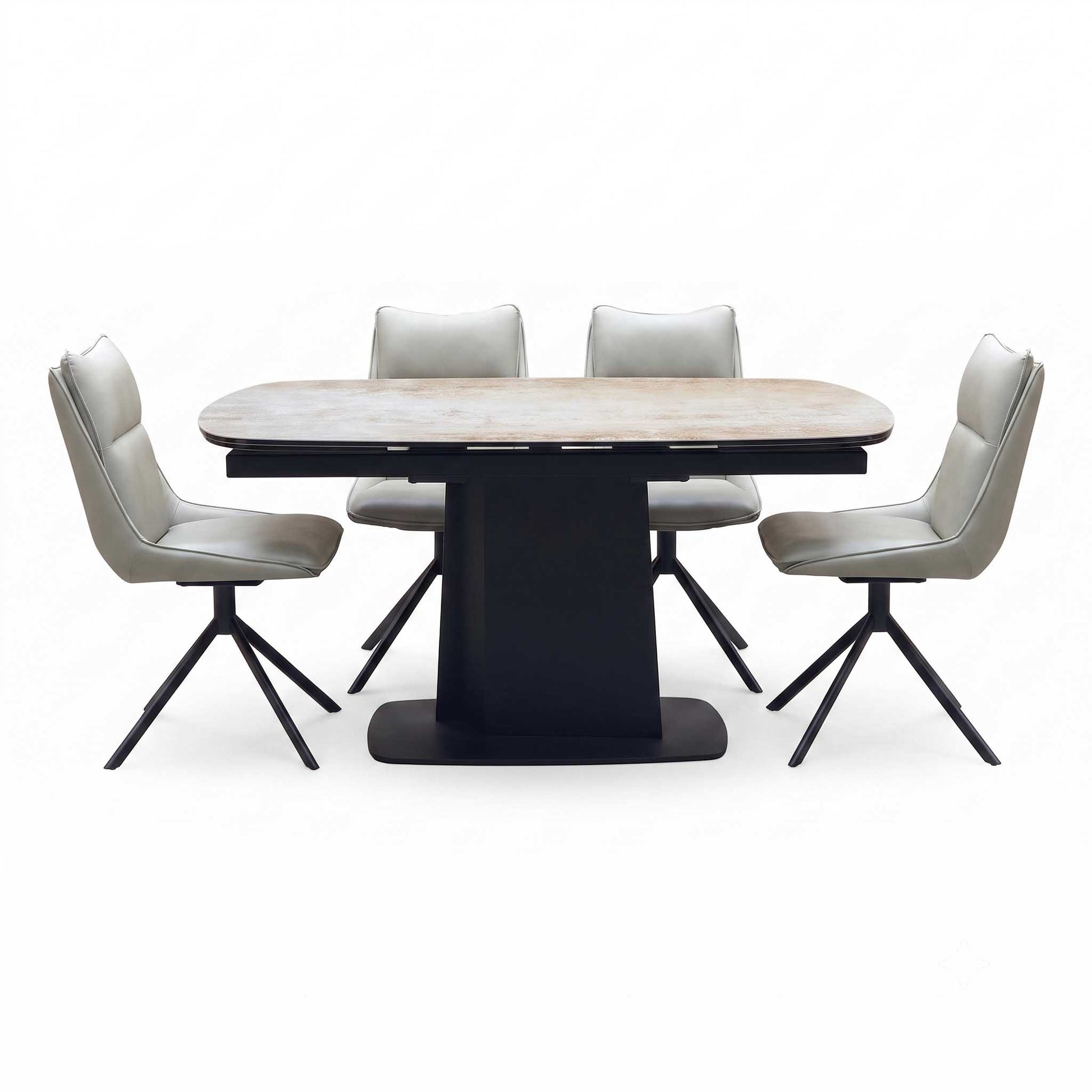 ‘Catalina’ Large Extending Ceramic Top Dining Table with Taupe Faux Leather Set of 4 Swivel Dining Chairs Furniture Village