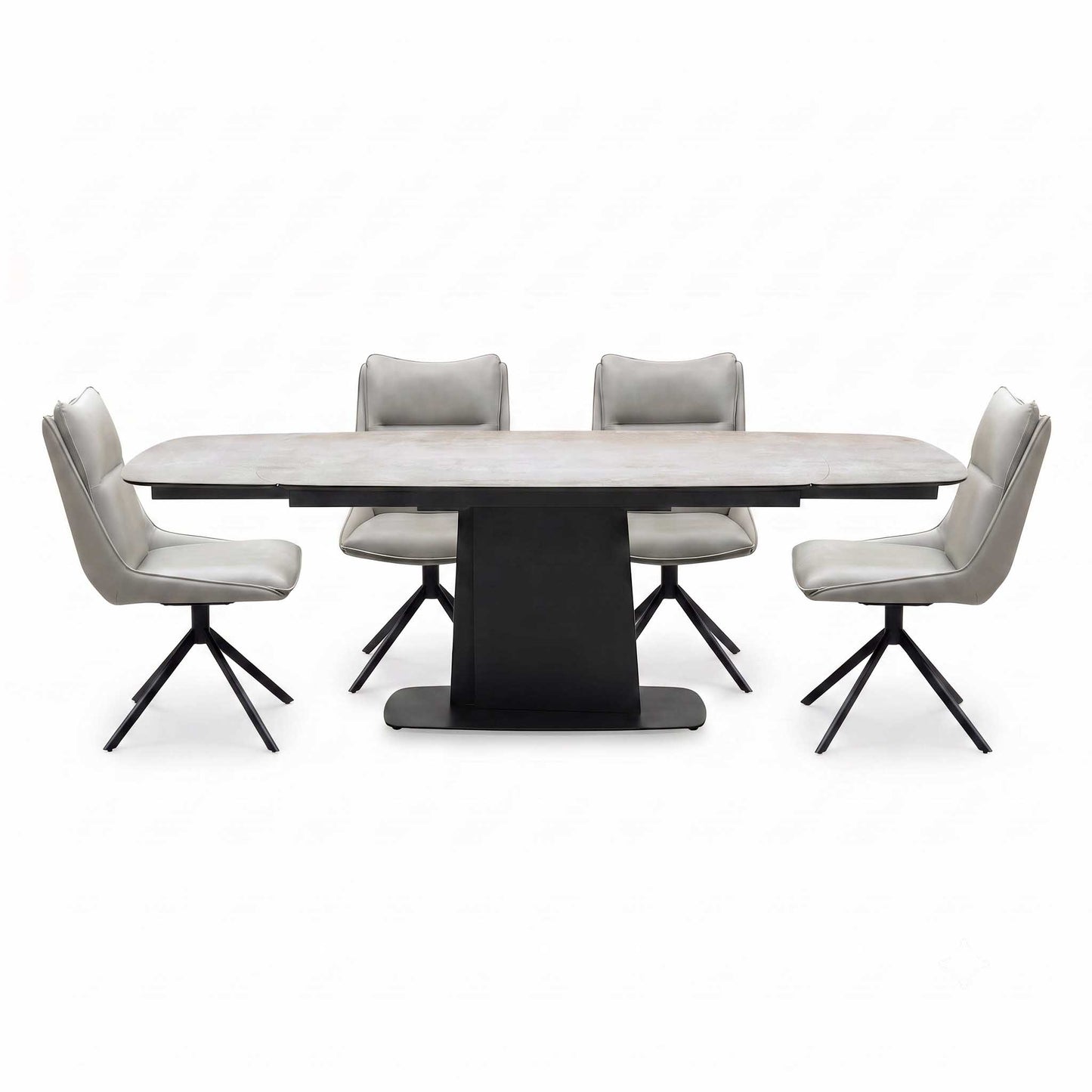 ‘Catalina’ Large Extending Ceramic Top Dining Table with Taupe Faux Leather Set of 4 Swivel Dining Chairs Furniture Village