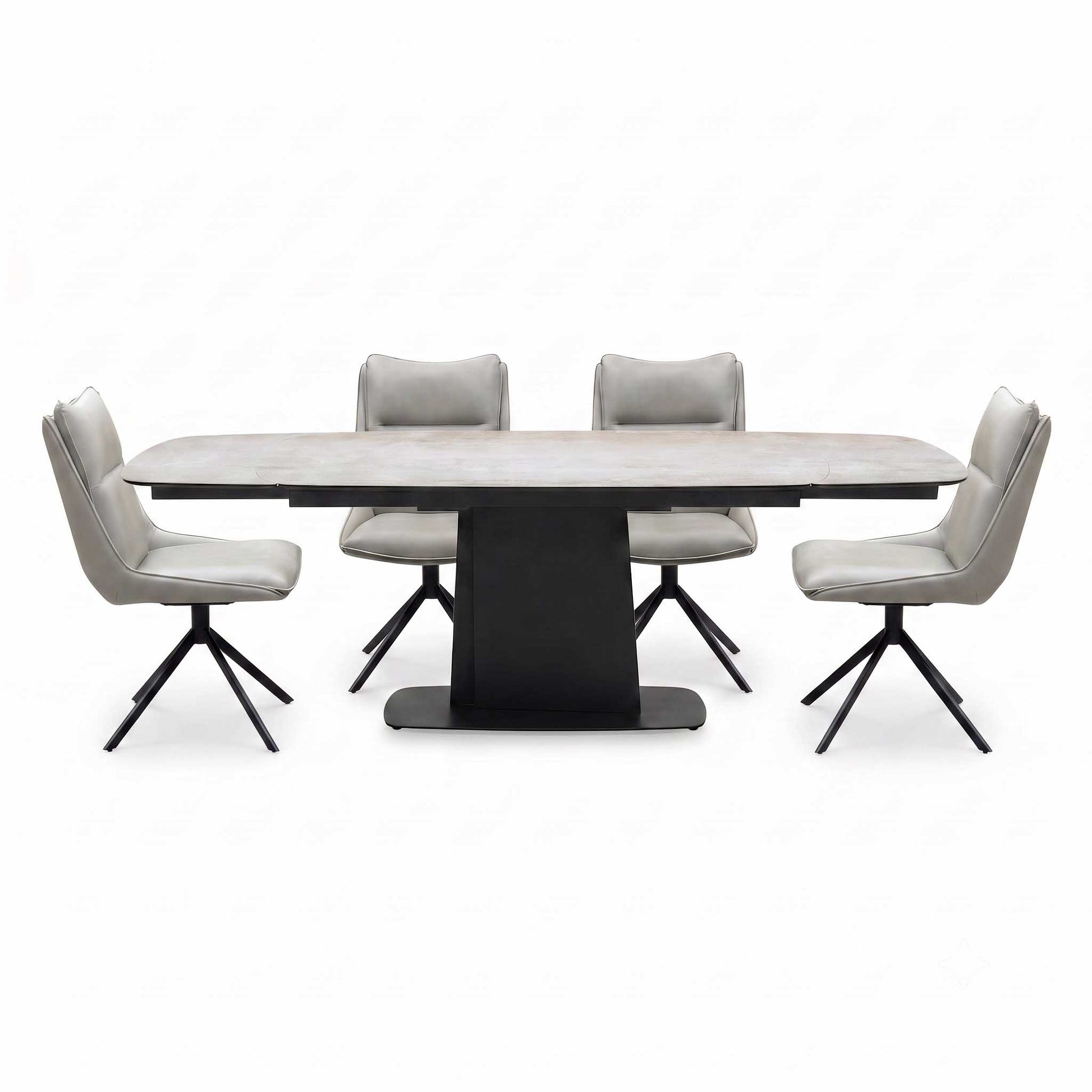 ‘Catalina’ Large Extending Ceramic Top Dining Table with Taupe Faux Leather Set of 4 Swivel Dining Chairs Furniture Village