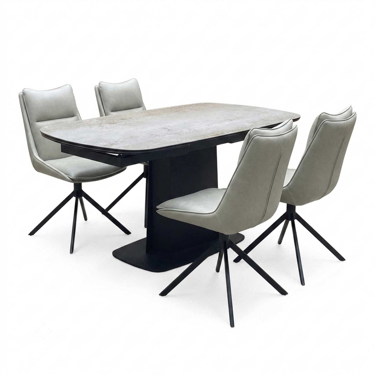 ‘Catalina’ Large Extending Ceramic Top Dining Table with Taupe Faux Leather Set of 4 Swivel Dining Chairs Furniture Village