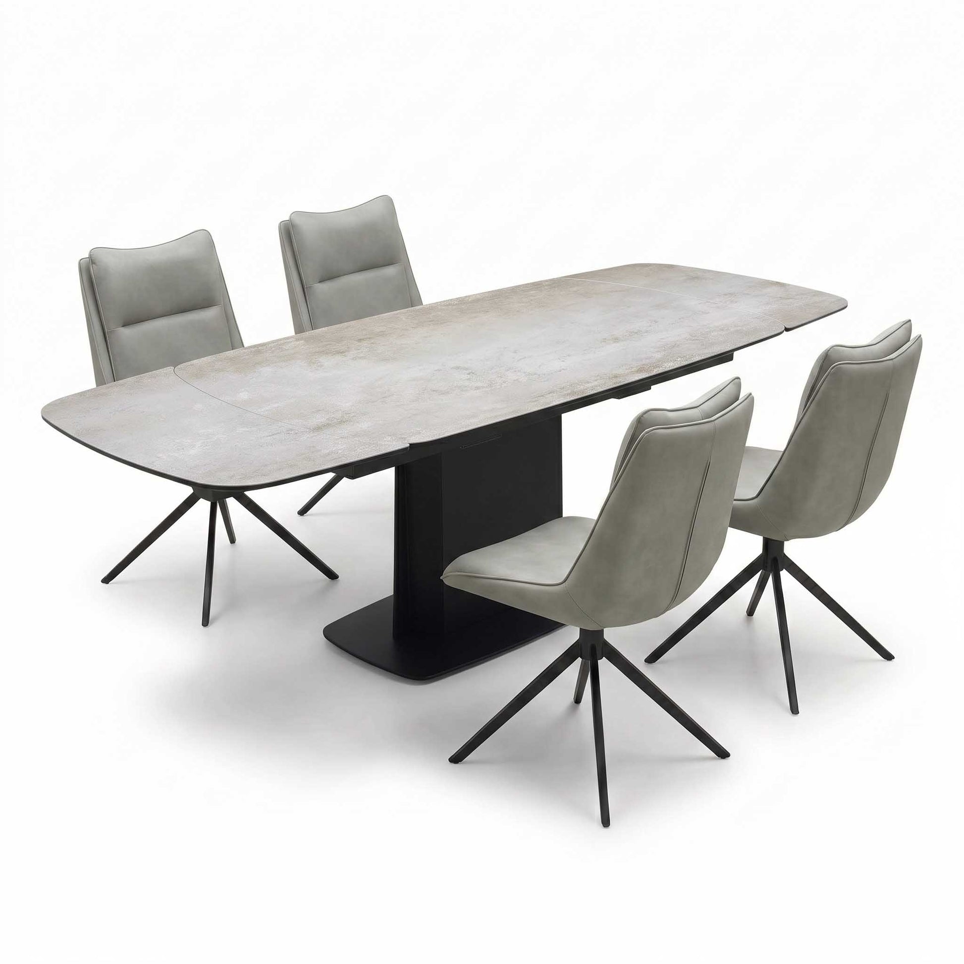 ‘Catalina’ Large Extending Ceramic Top Dining Table with Taupe Faux Leather Set of 4 Swivel Dining Chairs Furniture Village