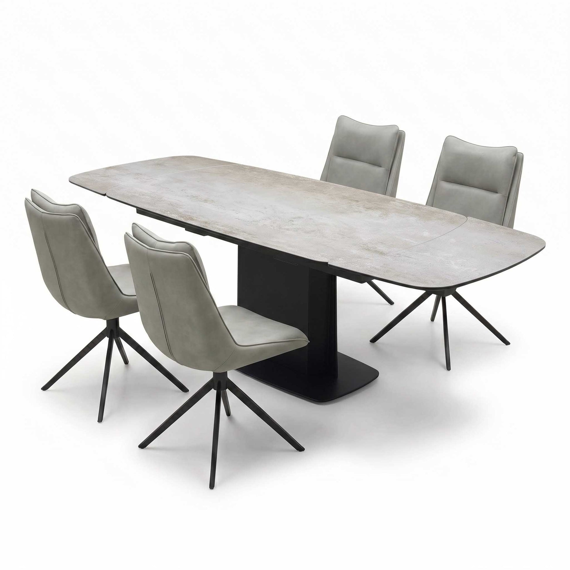 ‘Catalina’ Large Extending Ceramic Top Dining Table with Taupe Faux Leather Set of 4 Swivel Dining Chairs Furniture Village
