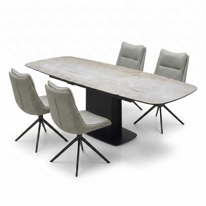 ‘Catalina’ Large Extending Ceramic Top Dining Table with Taupe Faux Leather Set of 4 Swivel Dining Chairs Furniture Village
