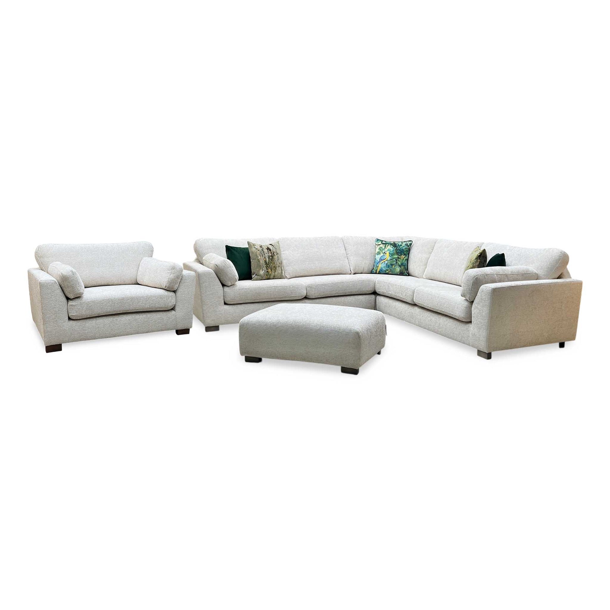 ‘Essie’ 2 Corner 2 Sofa with Snuggler Chair + Banquette Footstool Cream Woven Fabric Sofa Set DFS
