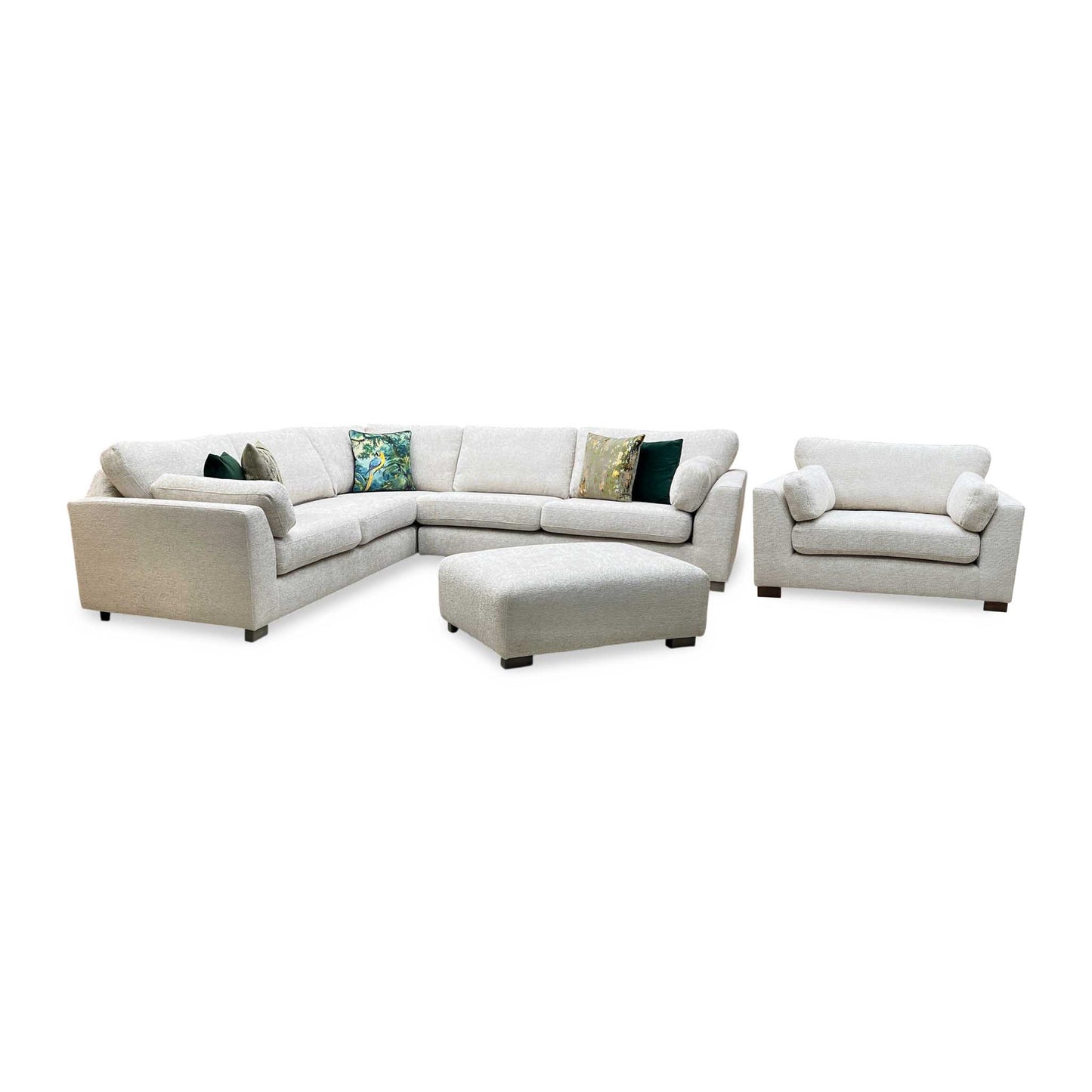 ‘Essie’ 2 Corner 2 Sofa with Snuggler Chair + Banquette Footstool Cream Woven Fabric Sofa Set DFS