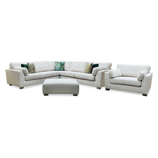 ‘Essie’ 2 Corner 2 Sofa with Snuggler Chair + Banquette Footstool Cream Woven Fabric Sofa Set DFS