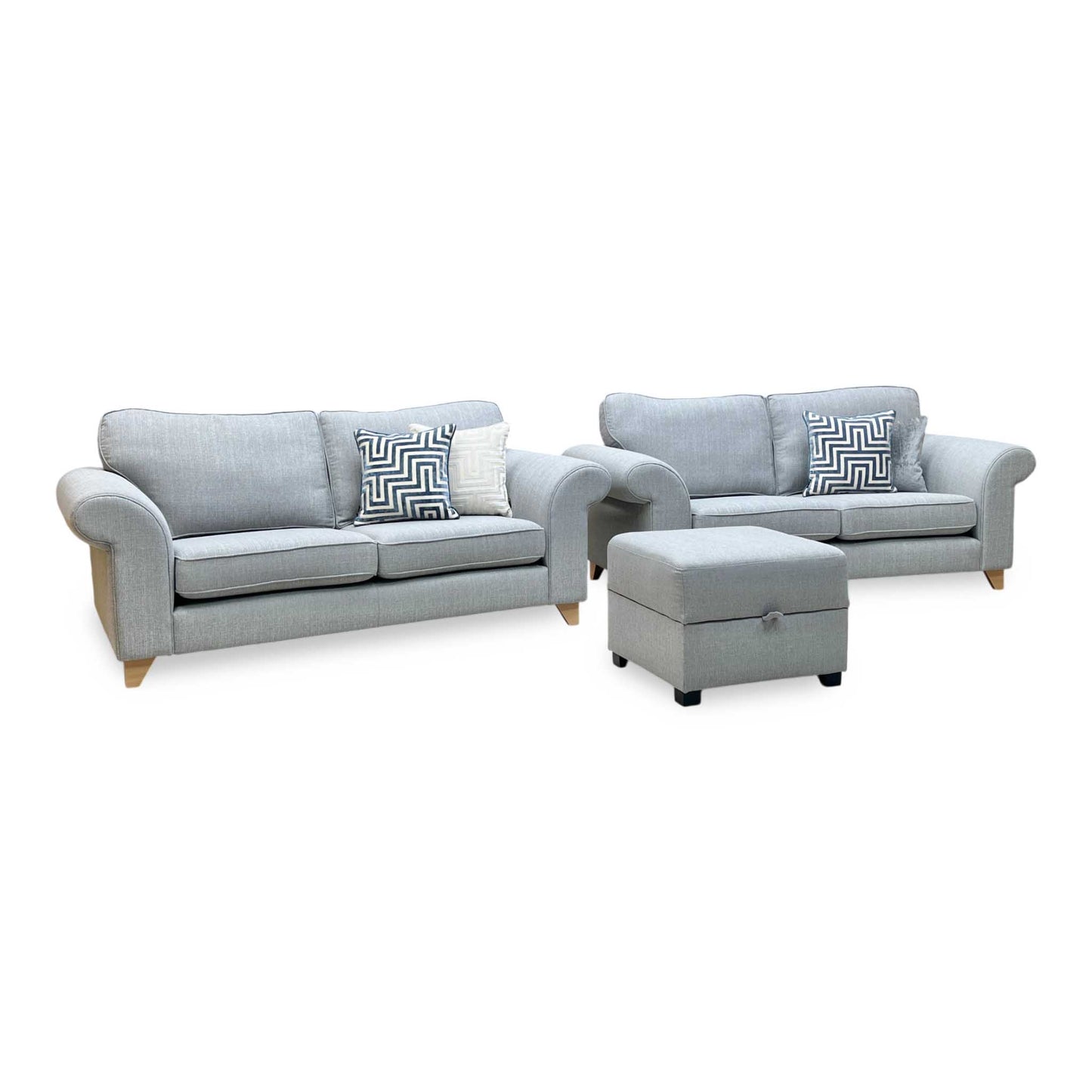 ‘Angelic’ Ash Grey Cotswold Plain Fabric 2 Seater Sofa + 2 Seater Sofa + Storage Footstool Set DFS