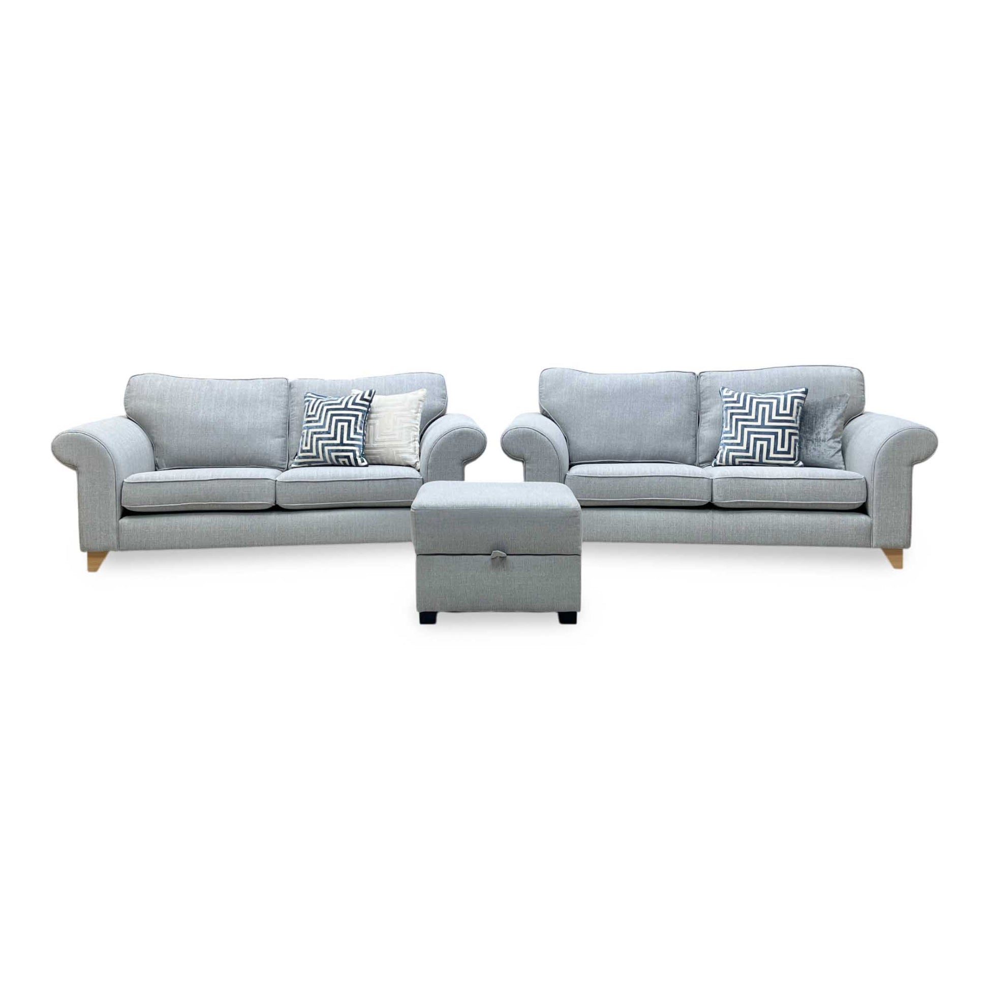 ‘Angelic’ Ash Grey Cotswold Plain Fabric 2 Seater Sofa + 2 Seater Sofa + Storage Footstool Set DFS
