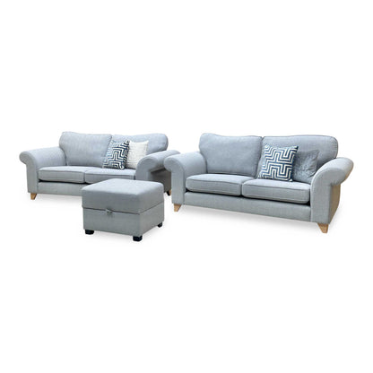 ‘Angelic’ Ash Grey Cotswold Plain Fabric 2 Seater Sofa + 2 Seater Sofa + Storage Footstool Set DFS