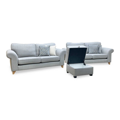 ‘Angelic’ Ash Grey Cotswold Plain Fabric 2 Seater Sofa + 2 Seater Sofa + Storage Footstool Set DFS