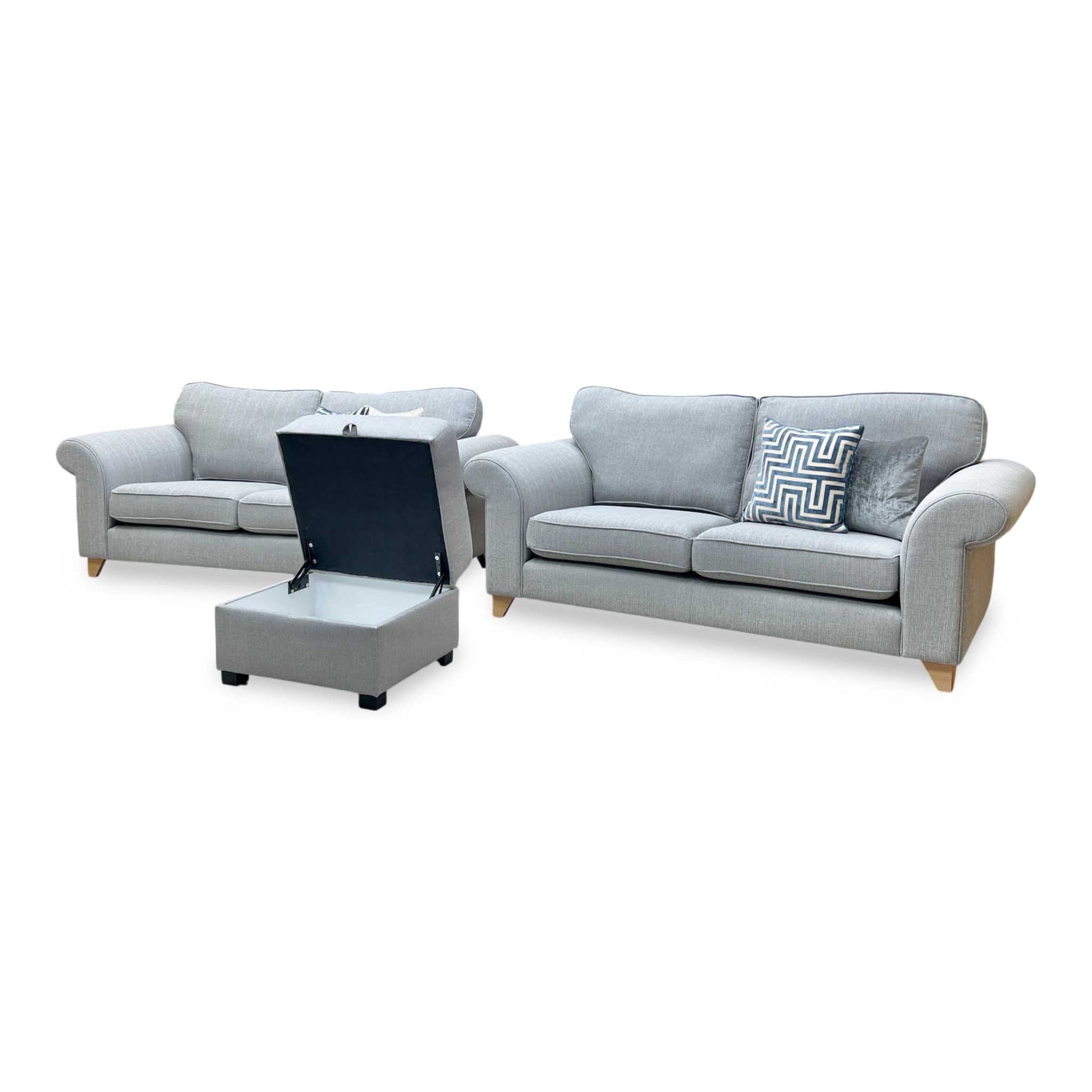 ‘Angelic’ Ash Grey Cotswold Plain Fabric 2 Seater Sofa + 2 Seater Sofa + Storage Footstool Set DFS