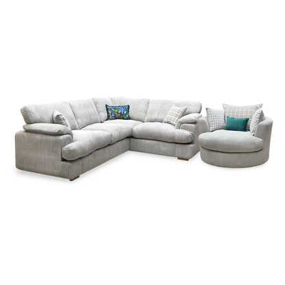 ‘Celine’ Left Arm Facing 2 Seater Formal Back Corner Sofa with Large Swivel Chair Mink and Mocha Celine Cord Fabric Sofa Set DFS