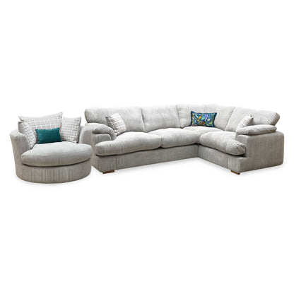‘Celine’ Left Arm Facing 2 Seater Formal Back Corner Sofa with Large Swivel Chair Mink and Mocha Celine Cord Fabric Sofa Set DFS