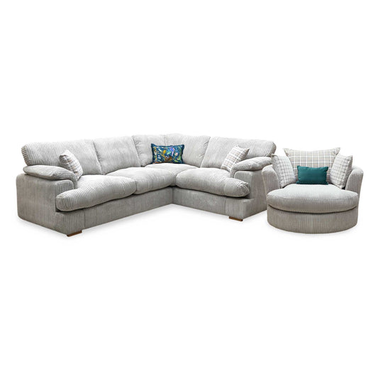‘Celine’ Left Arm Facing 2 Seater Formal Back Corner Sofa with Large Swivel Chair Mink and Mocha Celine Cord Fabric Sofa Set DFS