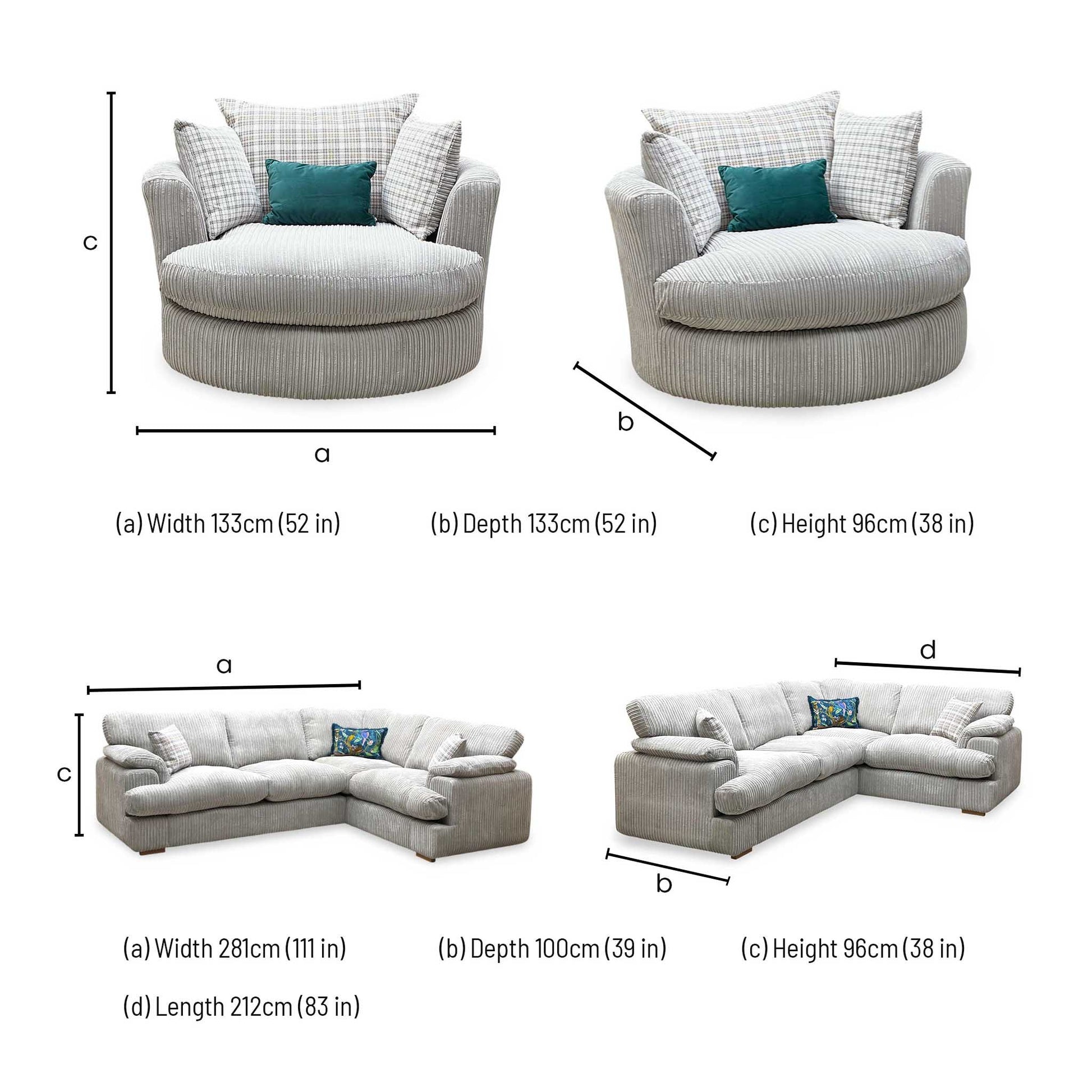 ‘Celine’ Left Arm Facing 2 Seater Formal Back Corner Sofa with Large Swivel Chair Mink and Mocha Celine Cord Fabric Sofa Set DFS