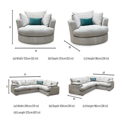 ‘Celine’ Left Arm Facing 2 Seater Formal Back Corner Sofa with Large Swivel Chair Mink and Mocha Celine Cord Fabric Sofa Set DFS