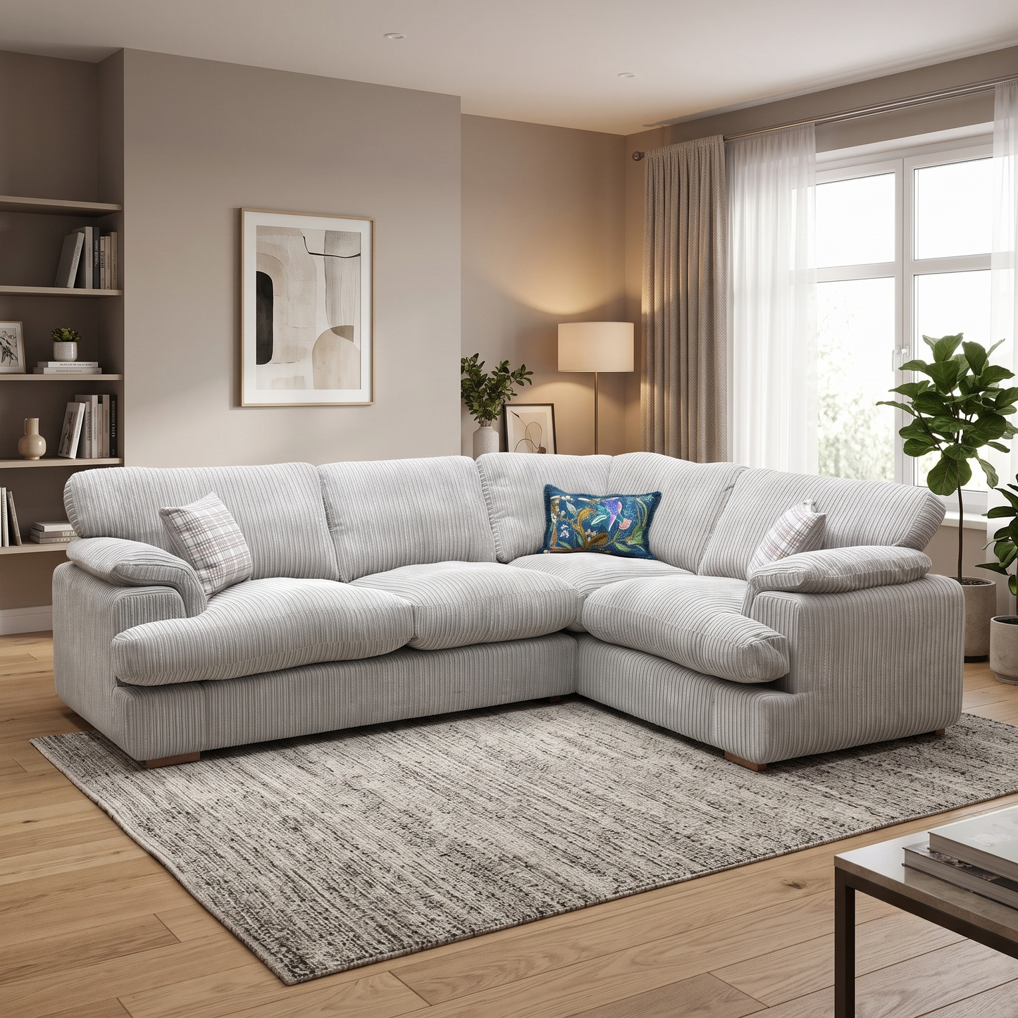 ‘Celine’ Mink and Mocha Celine Cord Fabric Left Arm Facing 2 Seater Formal Back Corner Sofa DFS