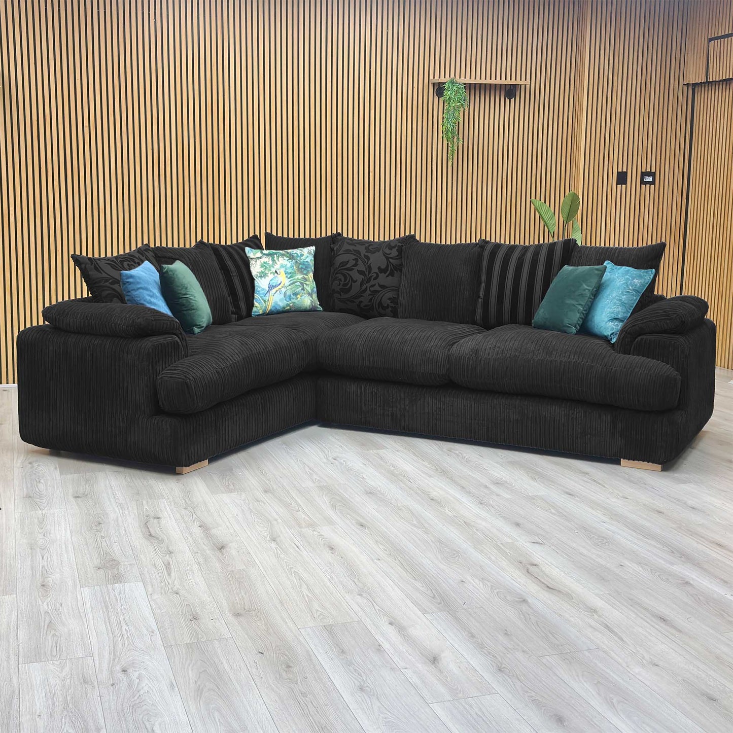 'Celine' Black Celine Cord Fabric Right Arm Facing 2 Seater Pillow Back Corner Sofa DFS