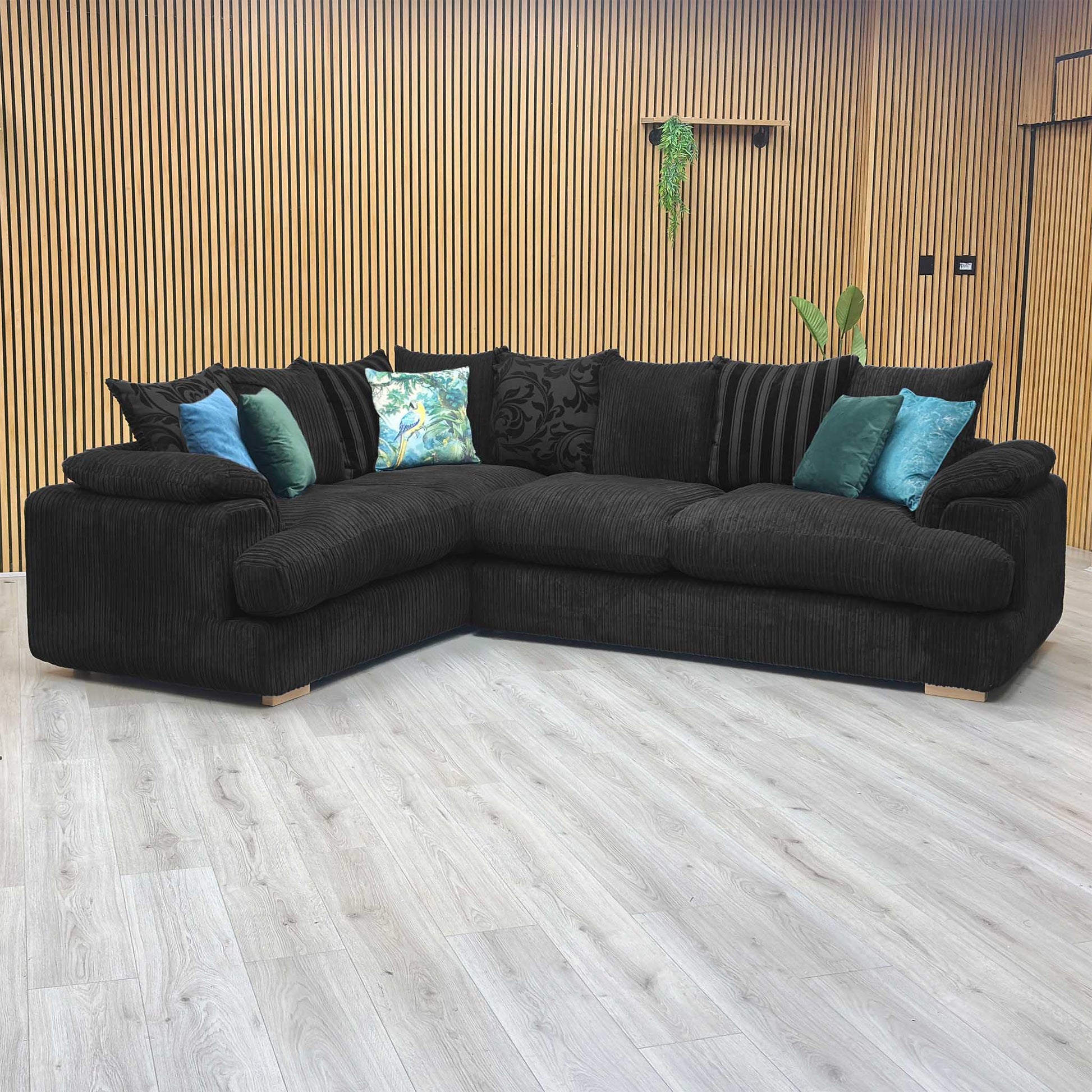 'Celine' Black Celine Cord Fabric Right Arm Facing 2 Seater Pillow Back Corner Sofa DFS