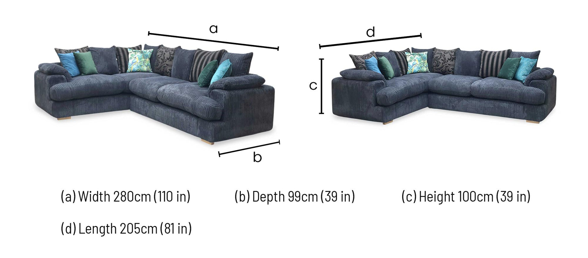 'Celine' Black Celine Cord Fabric Right Arm Facing 2 Seater Pillow Back Corner Sofa DFS
