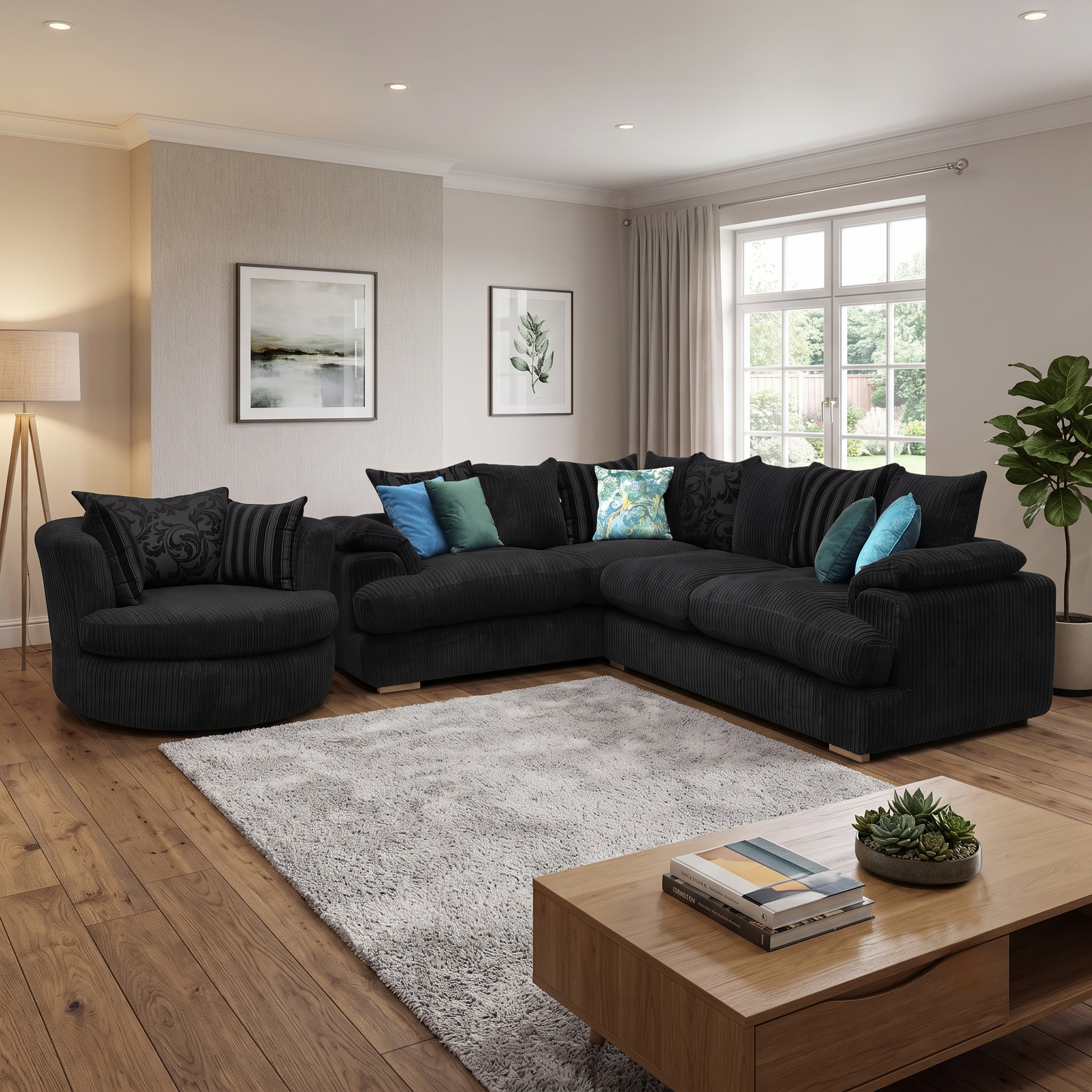 'Celine' Right Arm Facing 2 Seater Pillow Back Corner Sofa with Large Swivel Chair Black Celine Cord Fabric Sofa Set DFS
