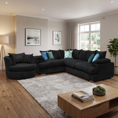 'Celine' Right Arm Facing 2 Seater Pillow Back Corner Sofa with Large Swivel Chair Black Celine Cord Fabric Sofa Set DFS