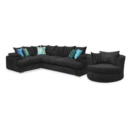 'Celine' Right Arm Facing 2 Seater Pillow Back Corner Sofa with Large Swivel Chair Black Celine Cord Fabric Sofa Set DFS