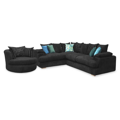 'Celine' Right Arm Facing 2 Seater Pillow Back Corner Sofa with Large Swivel Chair Black Celine Cord Fabric Sofa Set DFS