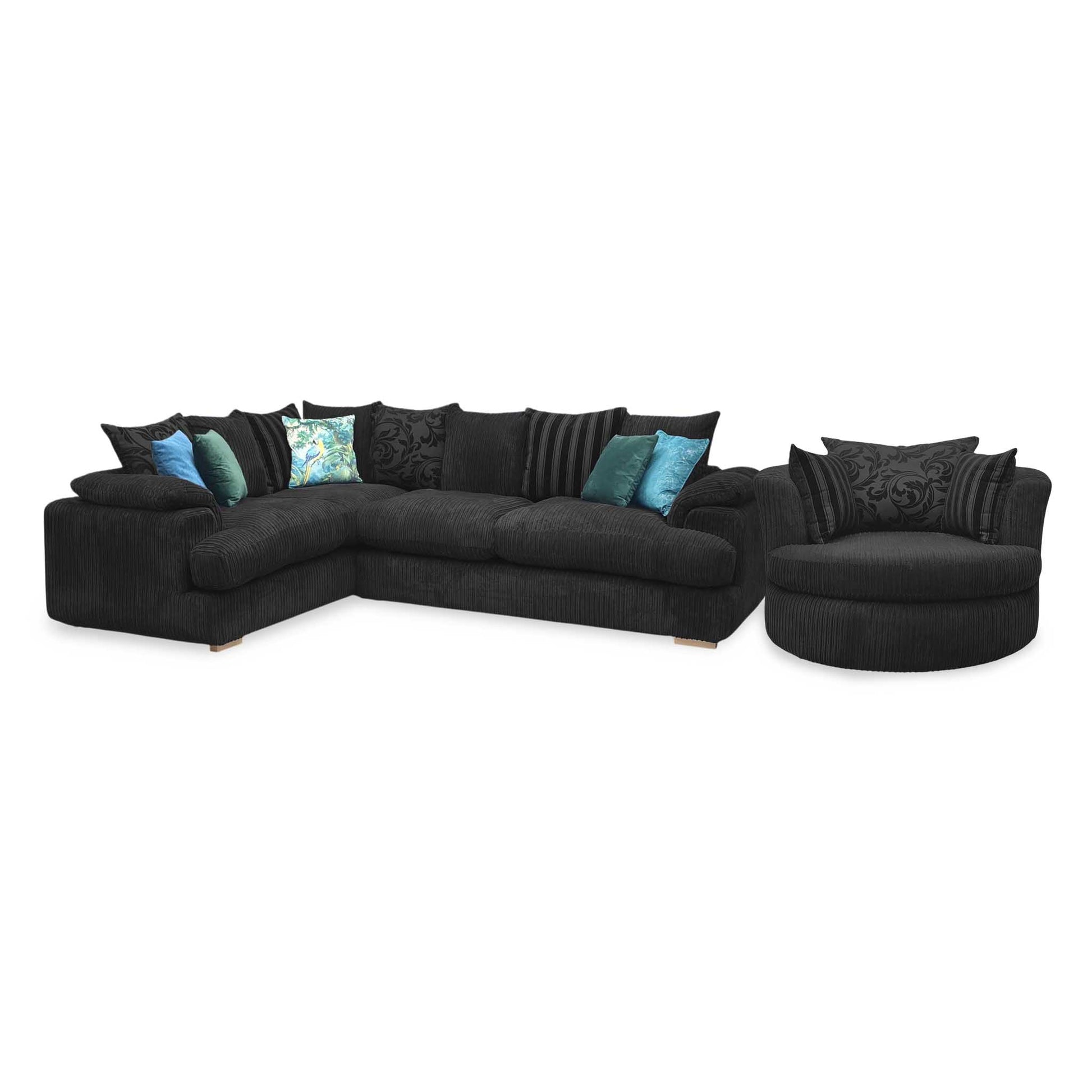 'Celine' Right Arm Facing 2 Seater Pillow Back Corner Sofa with Large Swivel Chair Black Celine Cord Fabric Sofa Set DFS
