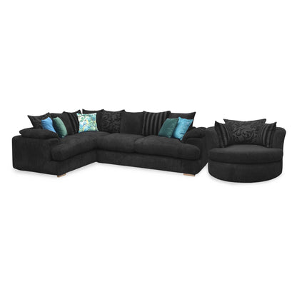 'Celine' Right Arm Facing 2 Seater Pillow Back Corner Sofa with Large Swivel Chair Black Celine Cord Fabric Sofa Set DFS
