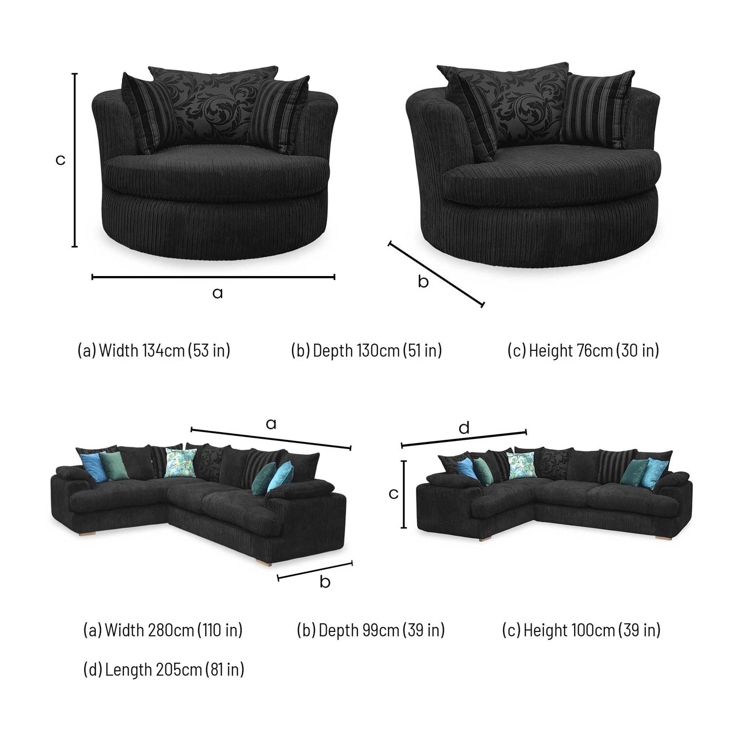 'Celine' Right Arm Facing 2 Seater Pillow Back Corner Sofa with Large Swivel Chair Black Celine Cord Fabric Sofa Set DFS