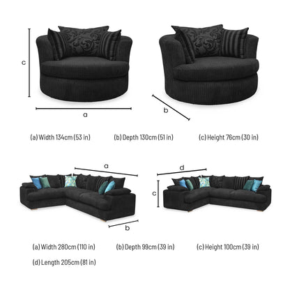 'Celine' Right Arm Facing 2 Seater Pillow Back Corner Sofa with Large Swivel Chair Black Celine Cord Fabric Sofa Set DFS