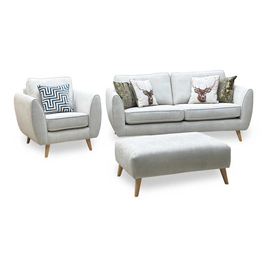 'Aurora' Silver Plaza Linen Fabric 3 Seater Sofa + Chair + Banquette Footstool DFS