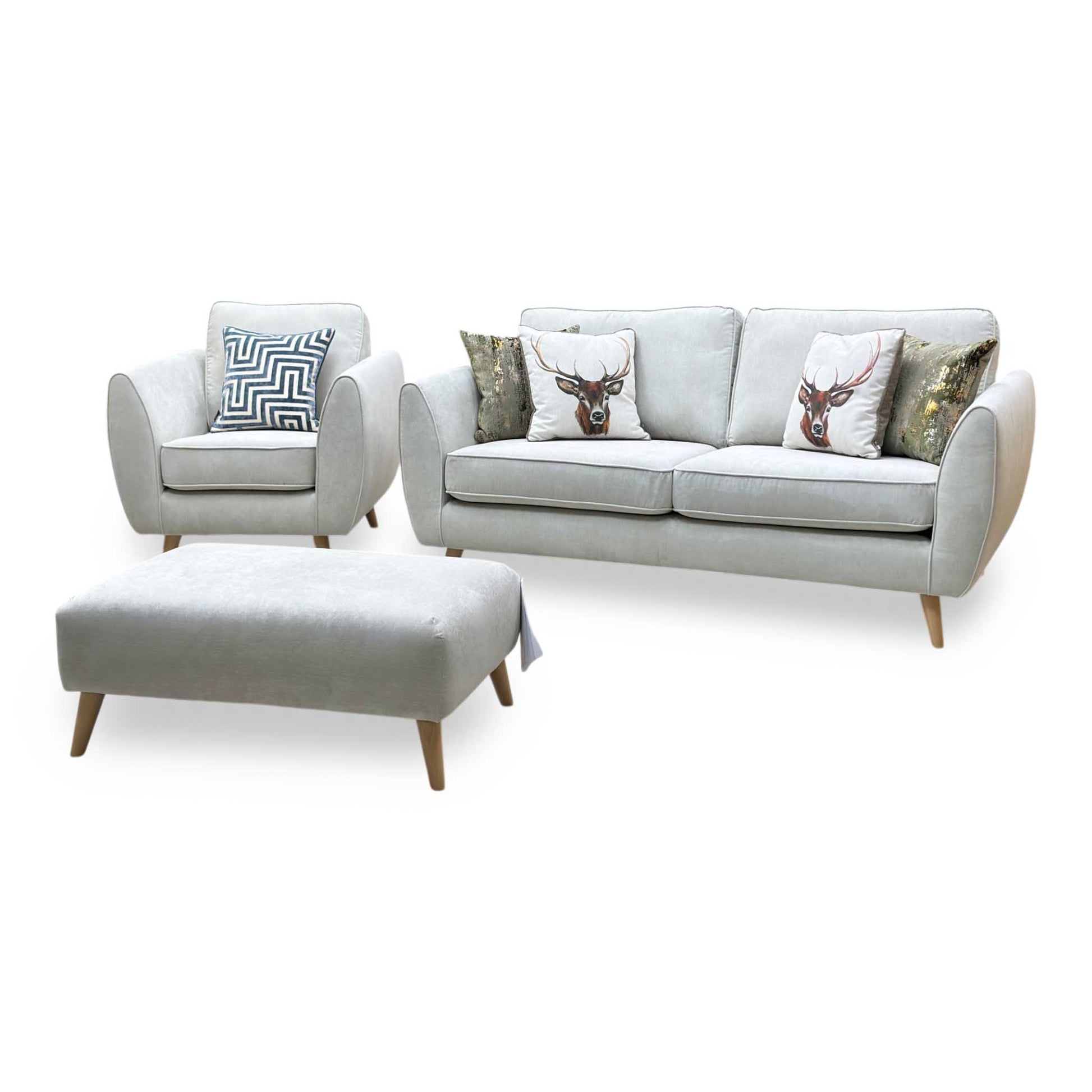 'Aurora' Silver Plaza Linen Fabric 3 Seater Sofa + Chair + Banquette Footstool DFS