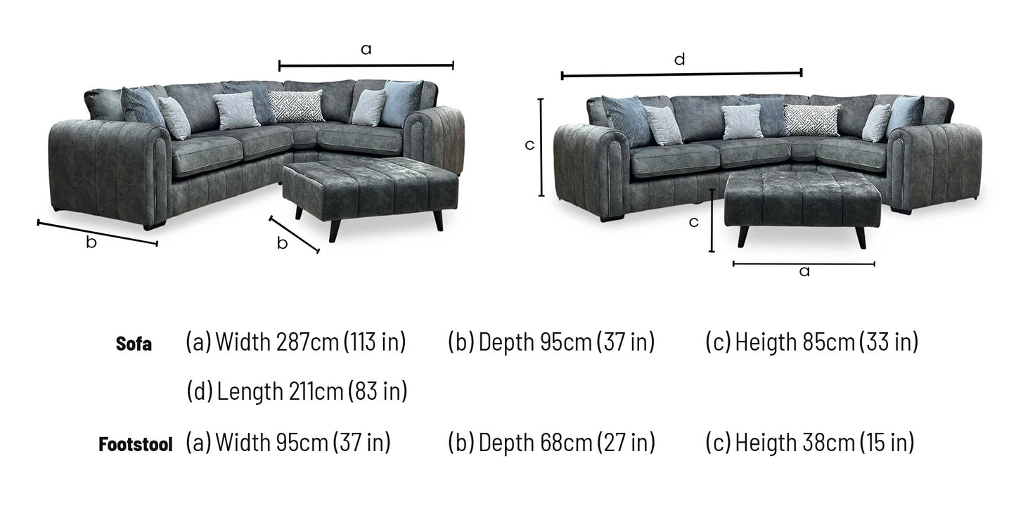 'Amara' Charcoal Grey Fabric Right Hand Facing Double Arm Corner Group with Footstool Very.com