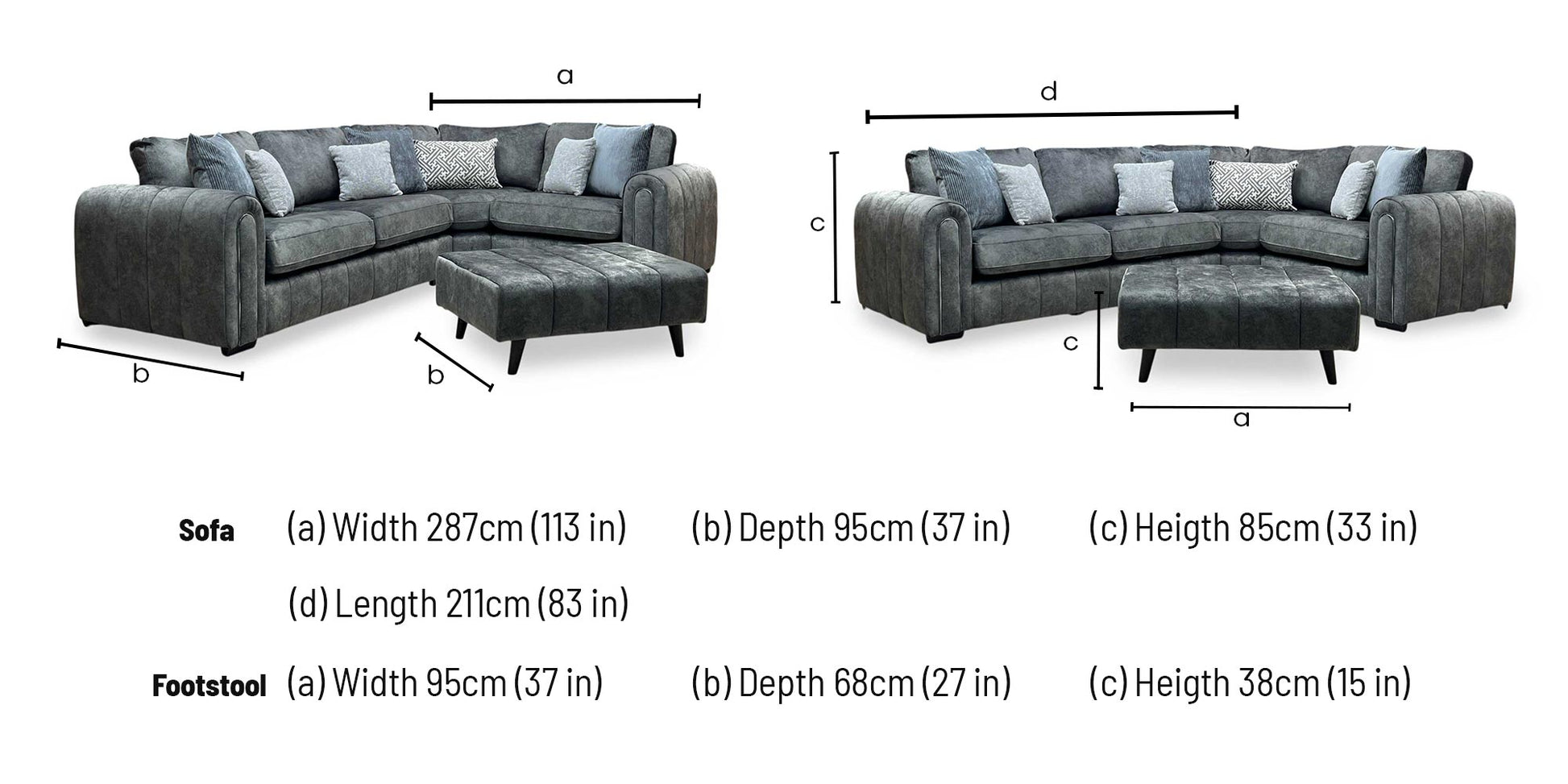 'Amara' Charcoal Grey Fabric Right Hand Facing Double Arm Corner Group with Footstool Very.com