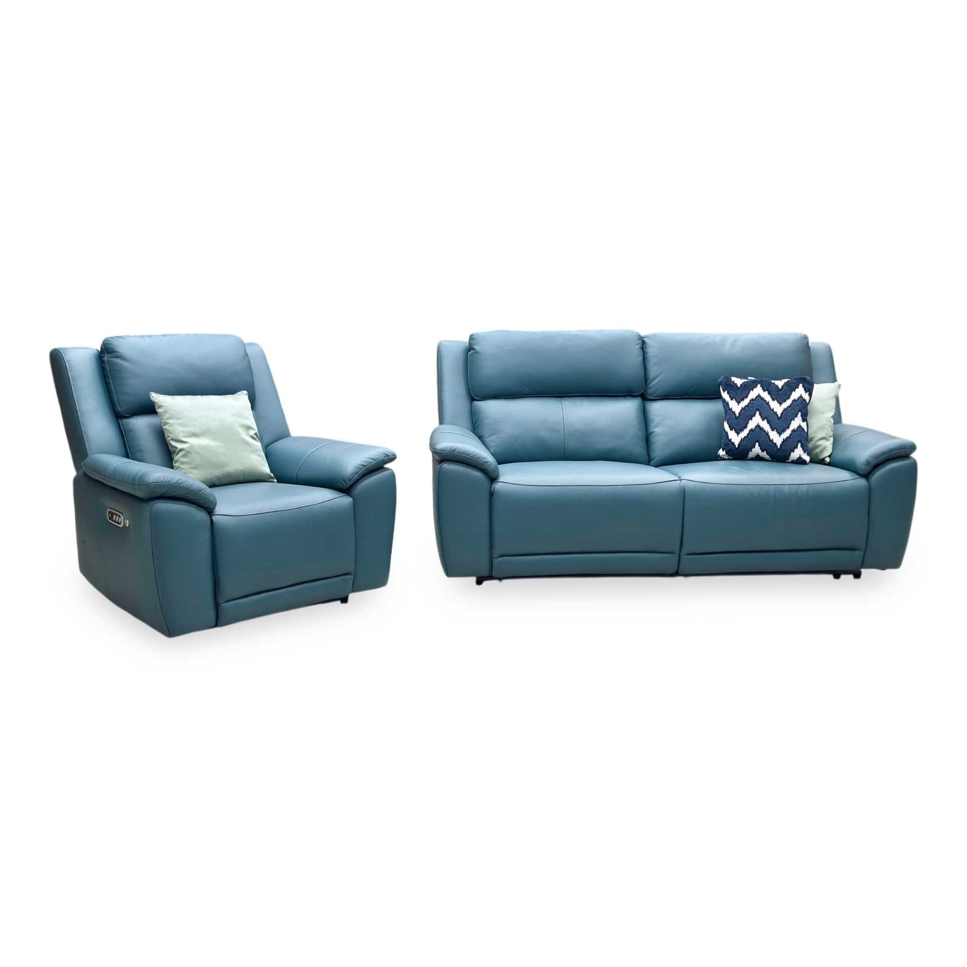 ‘Utah’ Midnight Jade Teal Matte Le-9324 Leather 3 Seater Power Recliner Sofa with Power Headrest and Power Lumbar + Power Chair with Heated Seat Furniture Village