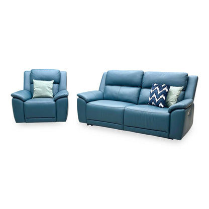 ‘Utah’ Midnight Jade Teal Matte Le-9324 Leather 3 Seater Power Recliner Sofa with Power Headrest and Power Lumbar + Power Chair with Heated Seat Furniture Village