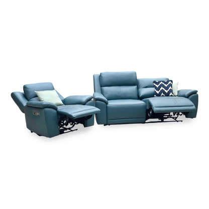 ‘Utah’ Midnight Jade Teal Matte Le-9324 Leather 3 Seater Power Recliner Sofa with Power Headrest and Power Lumbar + Power Chair with Heated Seat Furniture Village