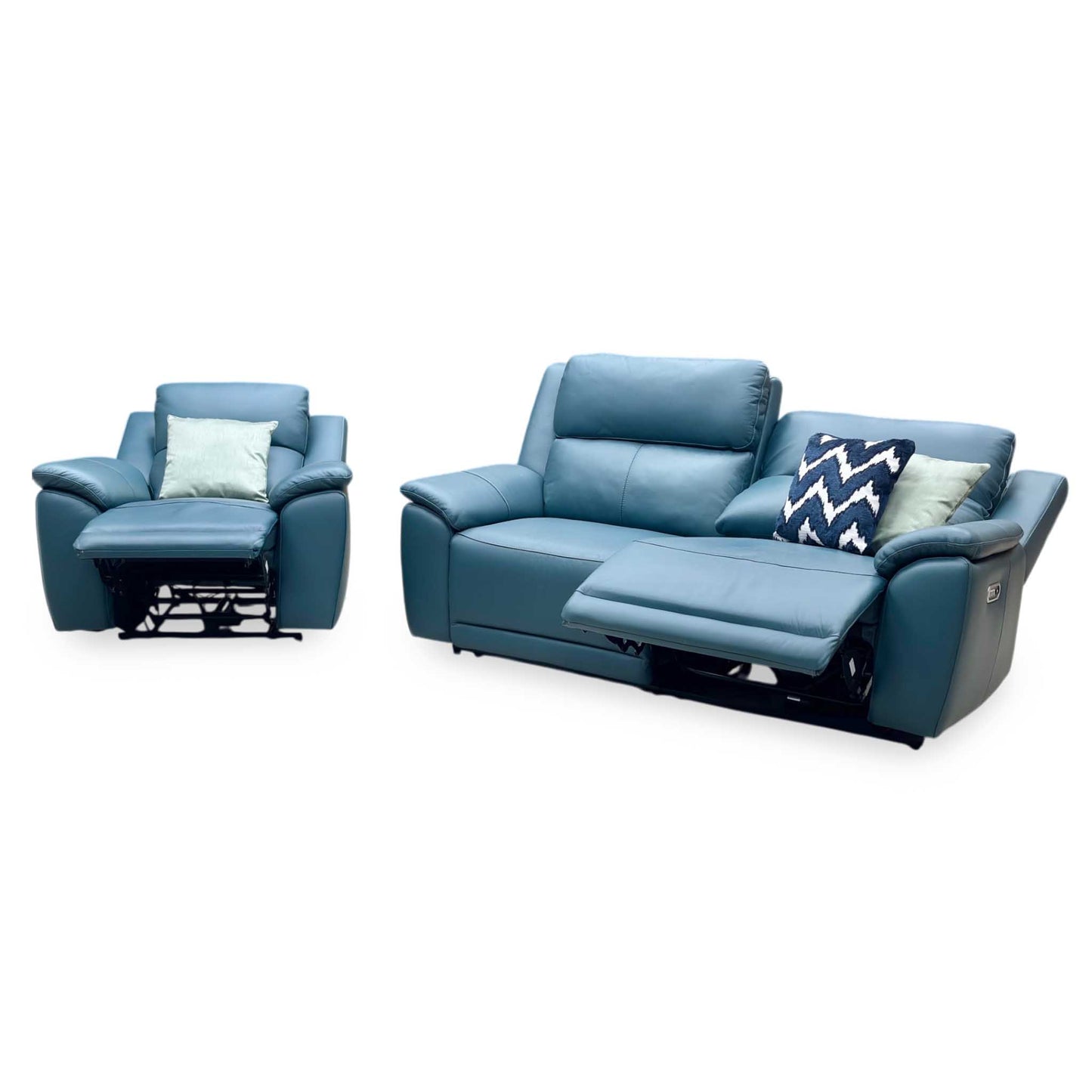 ‘Utah’ Midnight Jade Teal Matte Le-9324 Leather 3 Seater Power Recliner Sofa with Power Headrest and Power Lumbar + Power Chair with Heated Seat Furniture Village