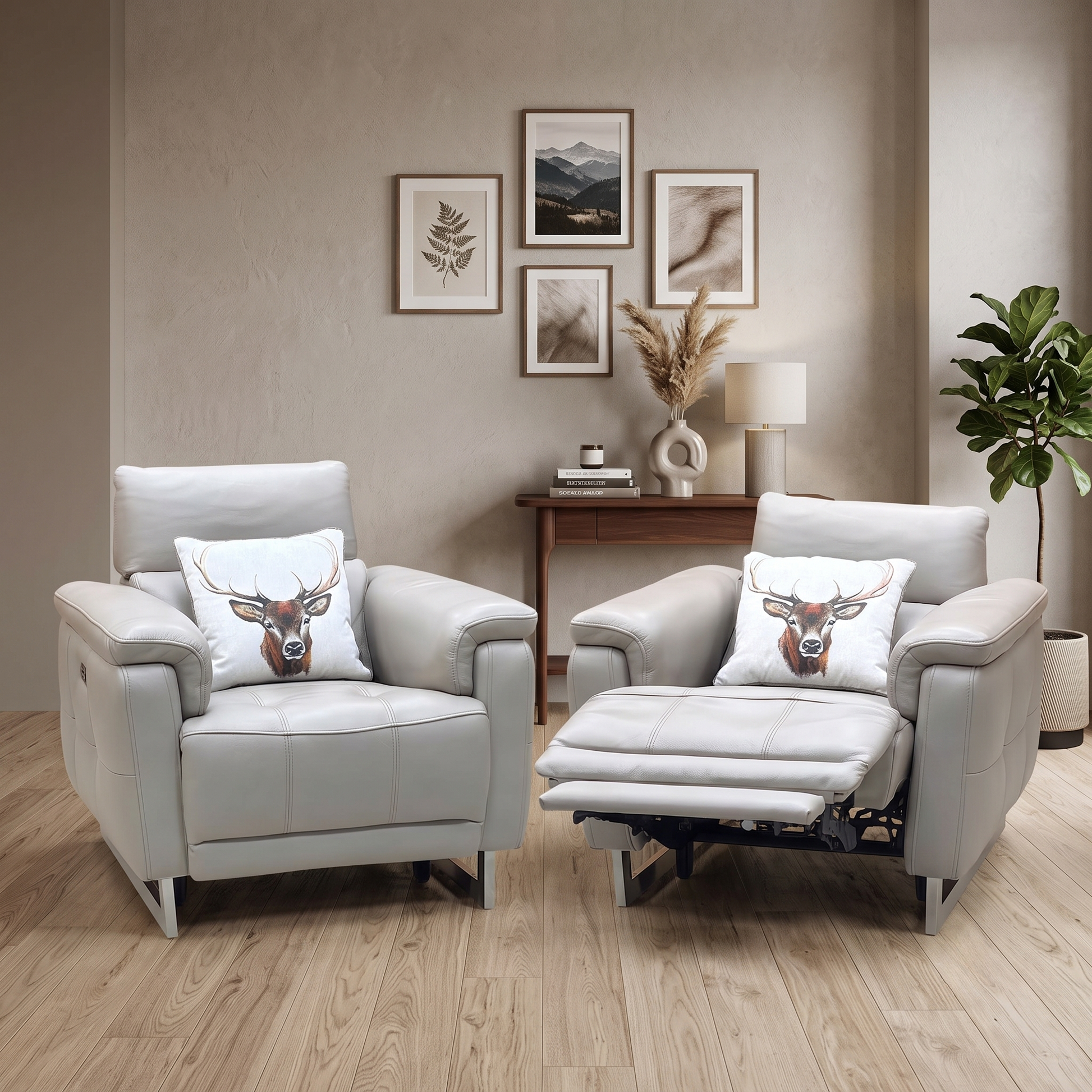 ‘Moet’ Cat-40_08 Oyster Leather Power Recliner Chairs with Telescopic Headrest - Set of 2 Furniture Village