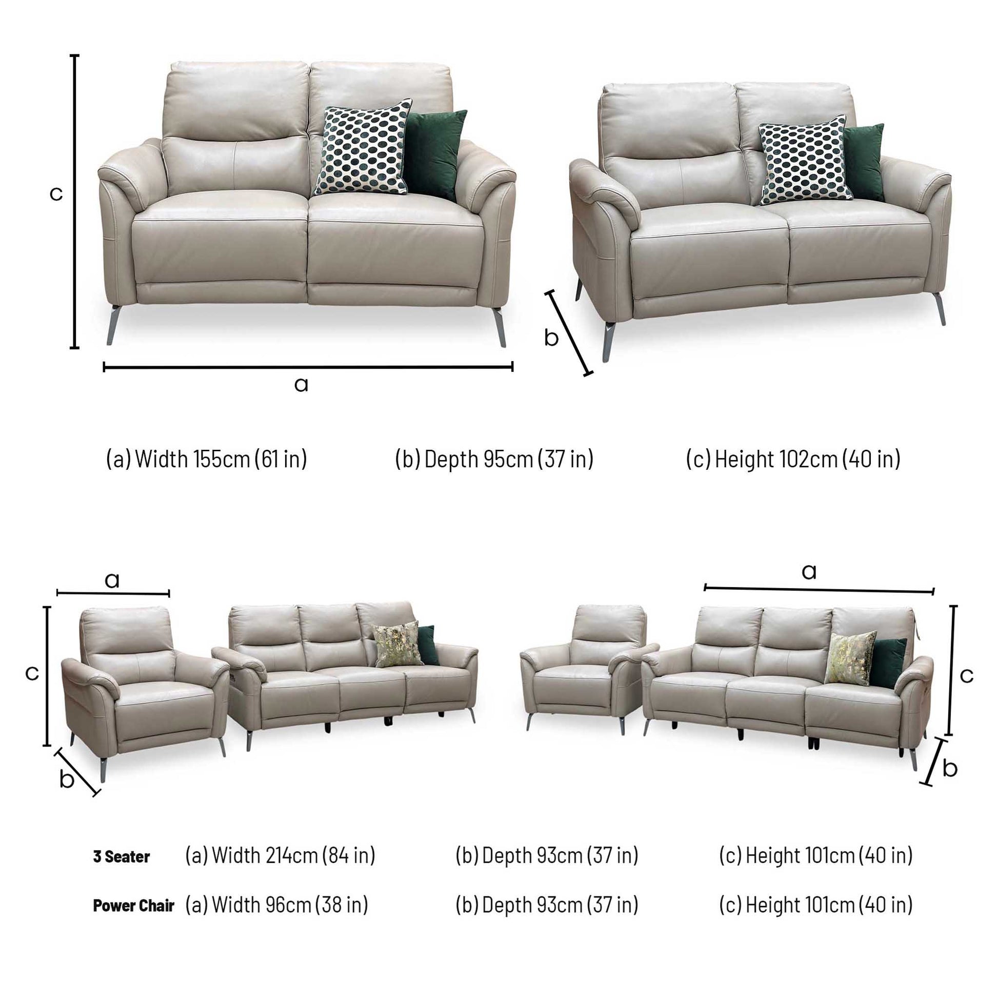 ‘Daytona’ Cat-40_08 Oyster Leather Set: 3 Seater Power Recliner + 2 Seater Standard Sofa with Chair Sofa Set Furniture Village