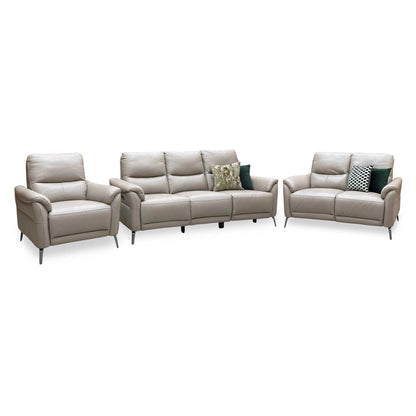 ‘Daytona’ Cat-40_08 Oyster Leather Set: 3 Seater Power Recliner + 2 Seater Standard Sofa with Chair Sofa Set Furniture Village