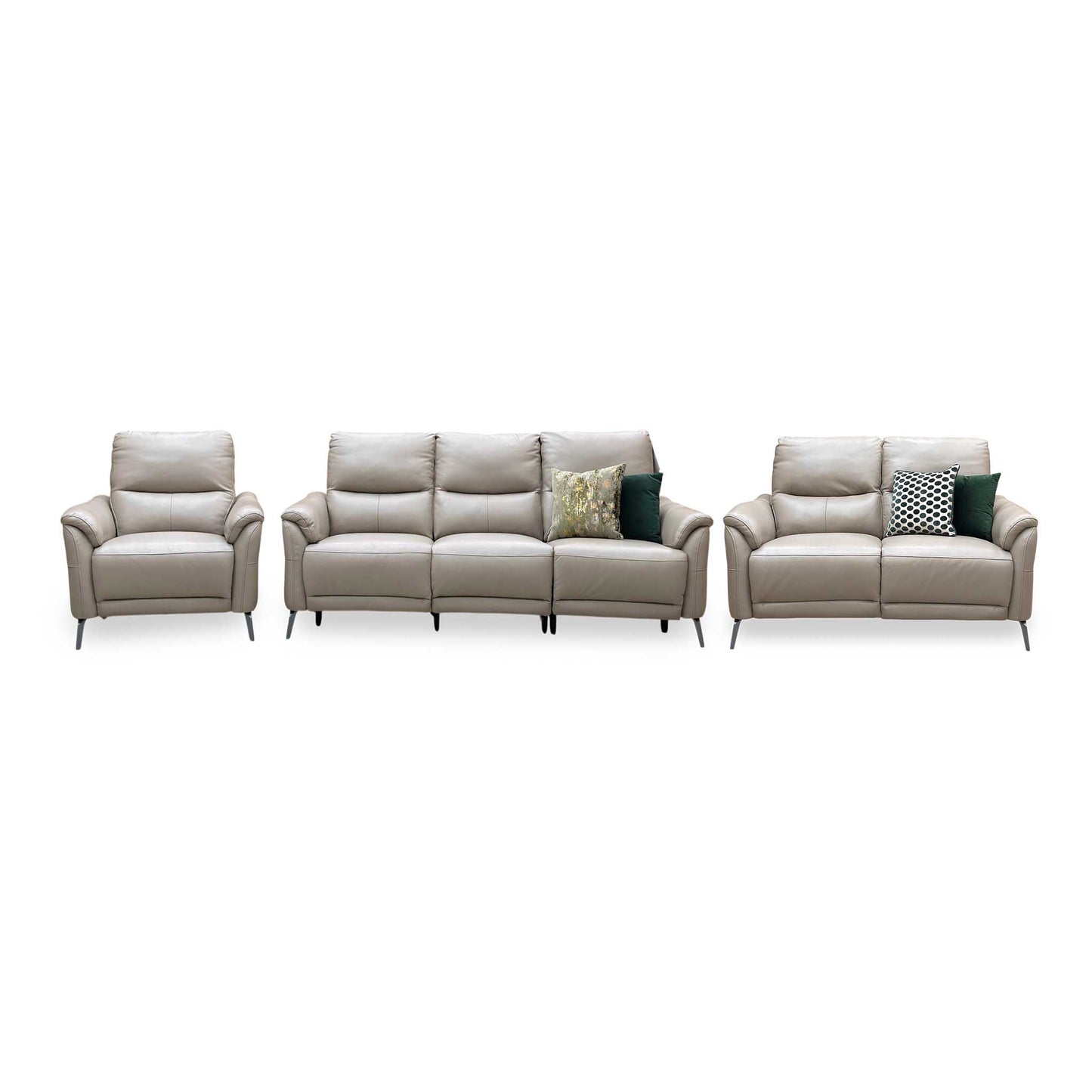 ‘Daytona’ Cat-40_08 Oyster Leather Set: 3 Seater Power Recliner + 2 Seater Standard Sofa with Chair Sofa Set Furniture Village