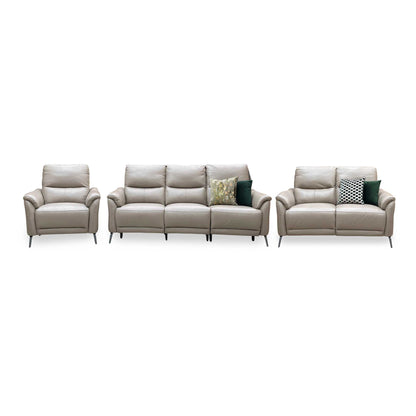 ‘Daytona’ Cat-40_08 Oyster Leather Set: 3 Seater Power Recliner + 2 Seater Standard Sofa with Chair Sofa Set Furniture Village