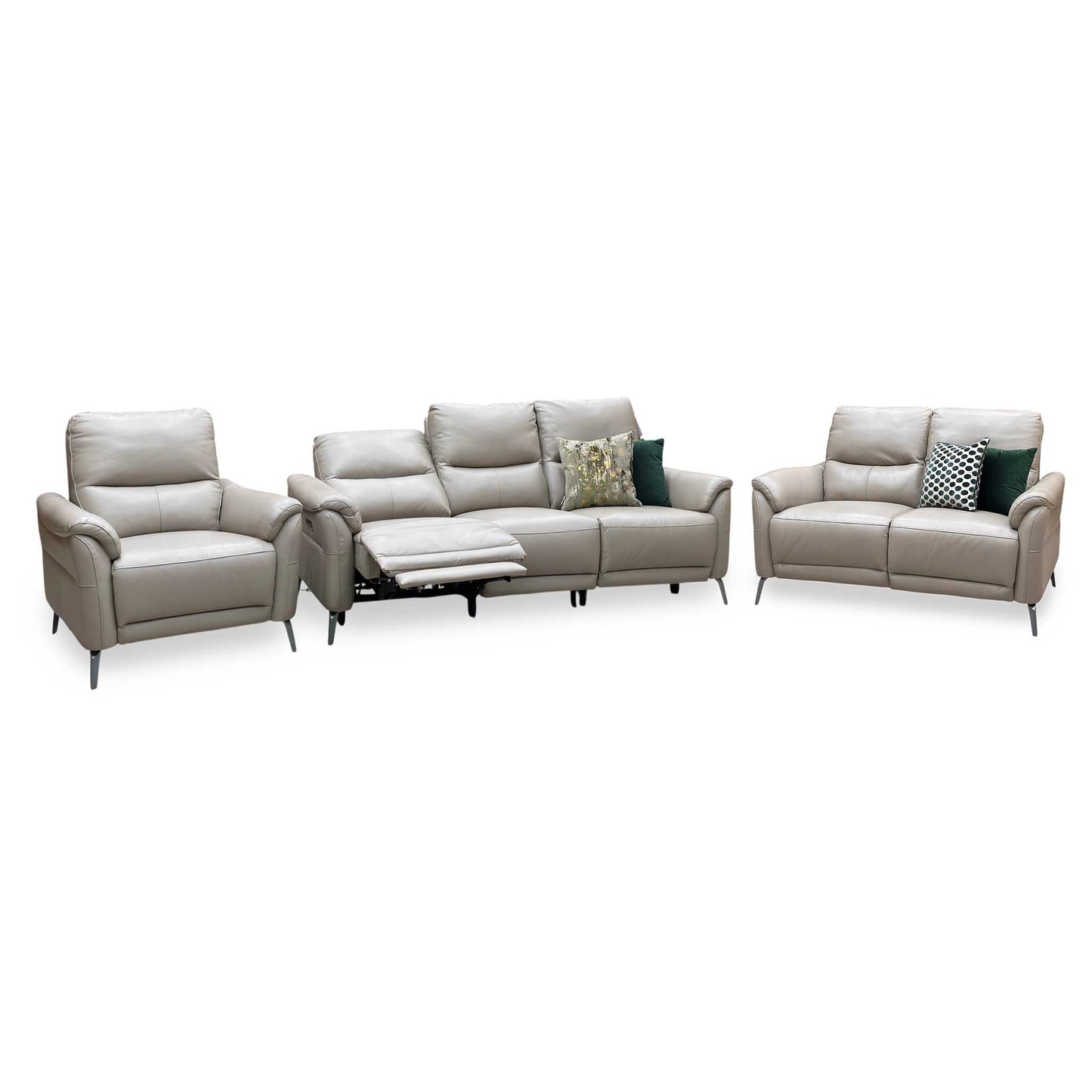 ‘Daytona’ Cat-40_08 Oyster Leather Set: 3 Seater Power Recliner + 2 Seater Standard Sofa with Chair Sofa Set Furniture Village