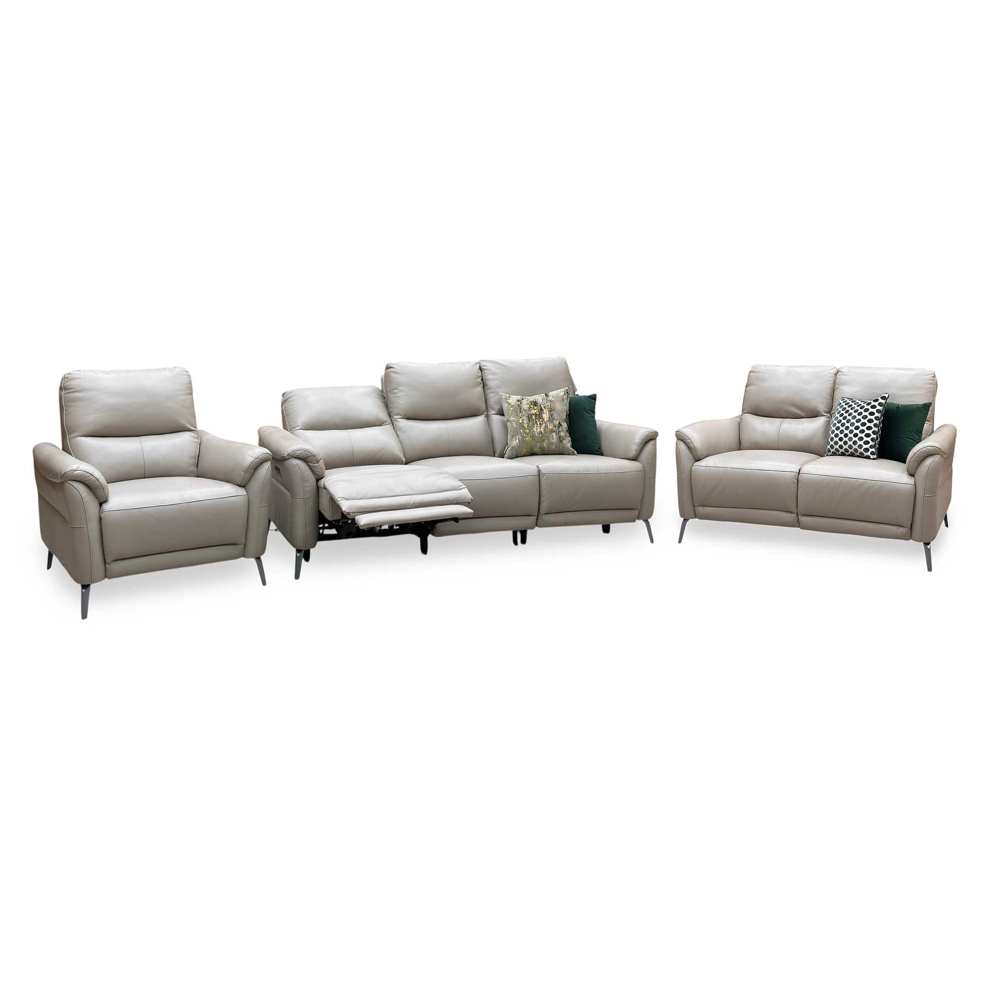 ‘Daytona’ Cat-40_08 Oyster Leather Set: 3 Seater Power Recliner + 2 Seater Standard Sofa with Chair Sofa Set Furniture Village